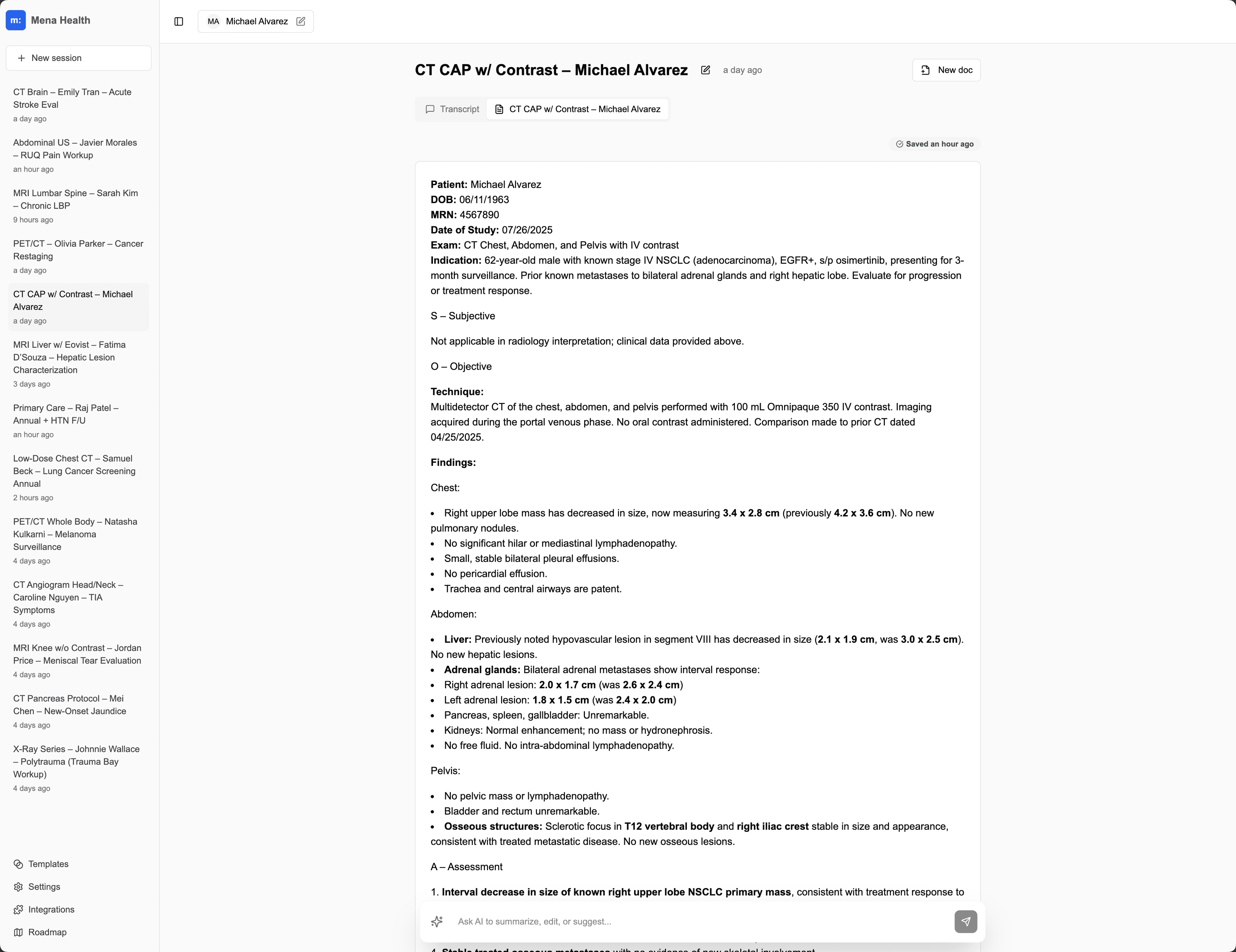 Mena AI Medical Scribe Interface Screenshot